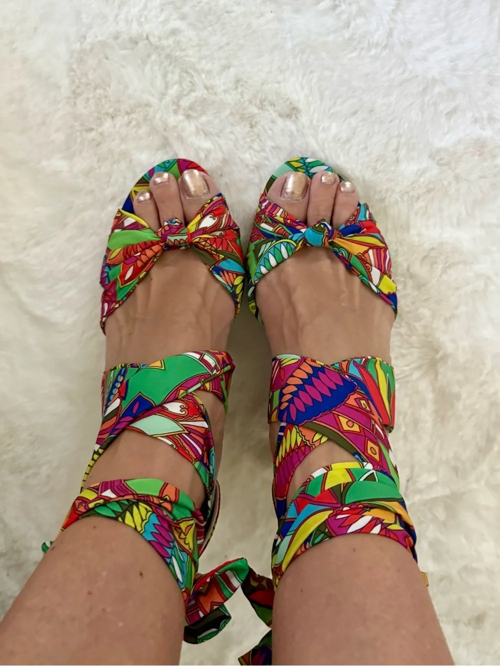 Colorful Tie-Wrap Cork Wedge Sandals - Women's Green Multicolor